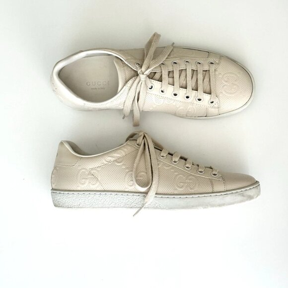GUCCI Women's Ace Cream Embossed Leather GG Logo Low Top Sneakers Size 37.5 - Picture 8 of 12